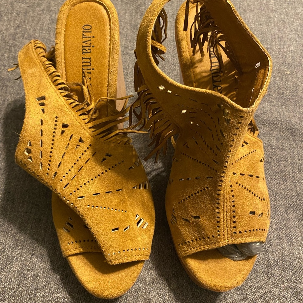 Olivia Miller suede fringe wedge